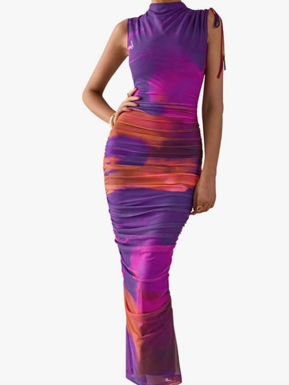 Sleeveless Purple & Orange Ruched Maxi Dress - NWOT